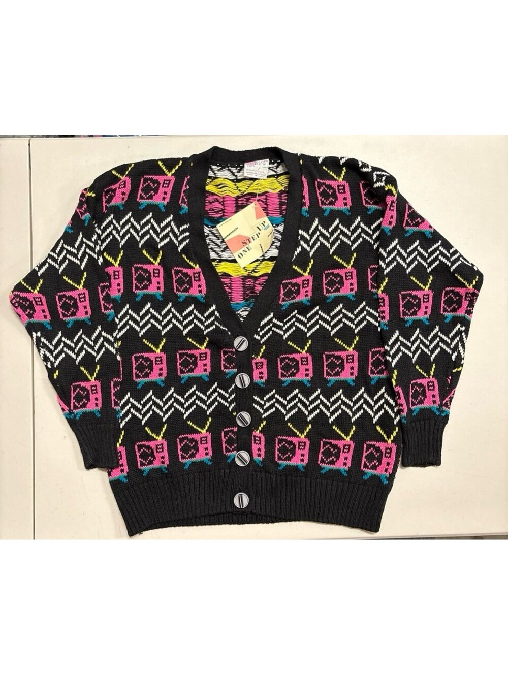 Vintage One Step Up NWT Deadstock TV Print Cardigan Sweater Size L Ramie